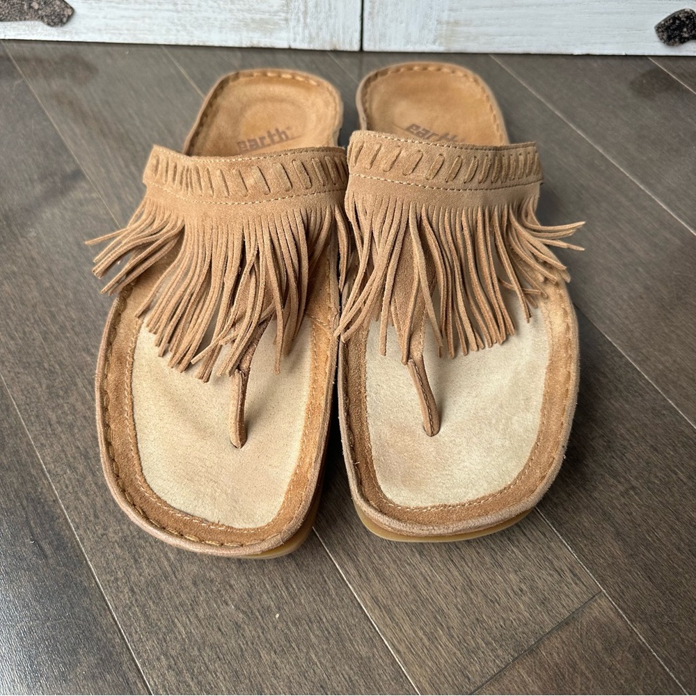 Earth Nature Suede Leather Fringe Western‎ Festival Thong Tan/Brown Sandals 8
